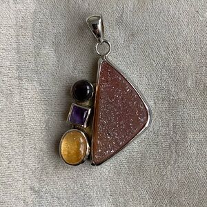 Vintage Handmade Sterling silver, pink druzy, amethyst, garnet & citrine pendant